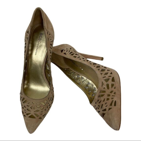 BCBG Size 9.5 Nude Tan Neutral Stiletto Heels Leather Suede Laser Cut Out - Picture 7 of 8